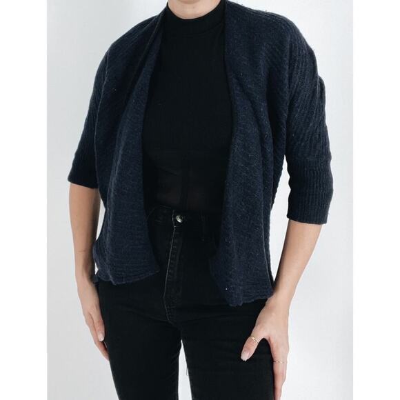 T Tahari Navy Wool Blend Quarter Sleeve Waterfall Cardigan Size Small - Picture 1 of 3
